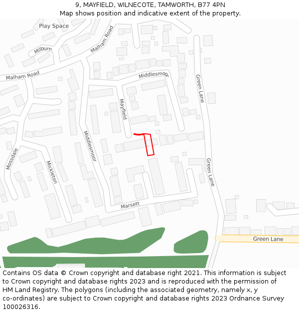 9, MAYFIELD, WILNECOTE, TAMWORTH, B77 4PN: Location map and indicative extent of plot