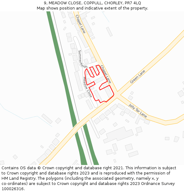 9, MEADOW CLOSE, COPPULL, CHORLEY, PR7 4LQ: Location map and indicative extent of plot