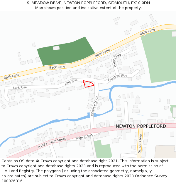 9, MEADOW DRIVE, NEWTON POPPLEFORD, SIDMOUTH, EX10 0DN: Location map and indicative extent of plot