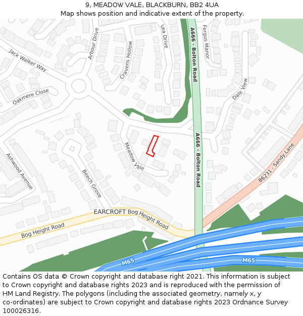 9, MEADOW VALE, BLACKBURN, BB2 4UA: Location map and indicative extent of plot