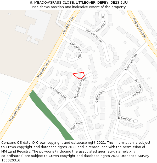 9, MEADOWGRASS CLOSE, LITTLEOVER, DERBY, DE23 2UU: Location map and indicative extent of plot