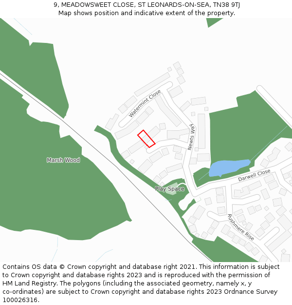 9, MEADOWSWEET CLOSE, ST LEONARDS-ON-SEA, TN38 9TJ: Location map and indicative extent of plot