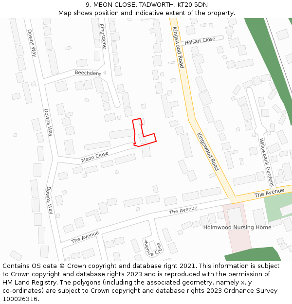 9, MEON CLOSE, TADWORTH, KT20 5DN: Location map and indicative extent of plot