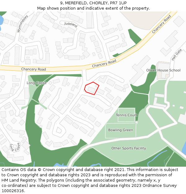 9, MEREFIELD, CHORLEY, PR7 1UP: Location map and indicative extent of plot