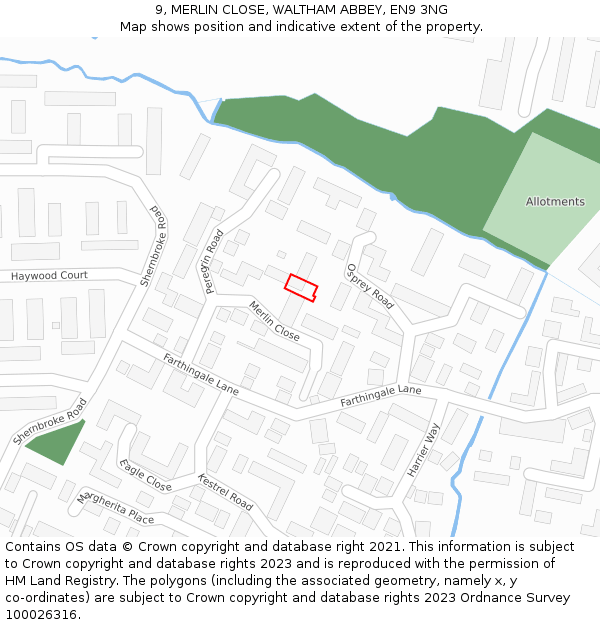 9, MERLIN CLOSE, WALTHAM ABBEY, EN9 3NG: Location map and indicative extent of plot