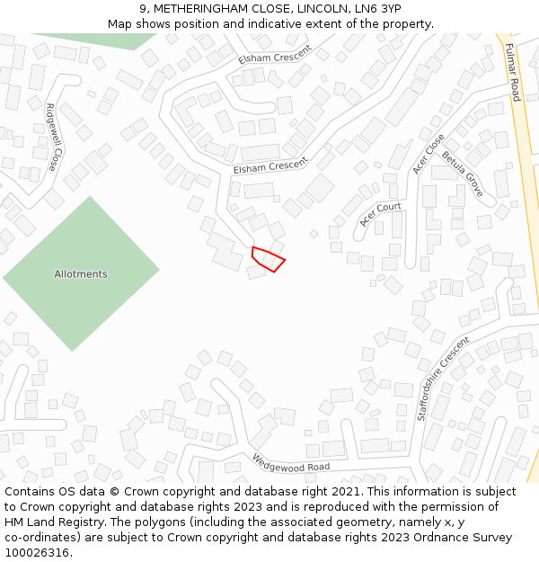 9, METHERINGHAM CLOSE, LINCOLN, LN6 3YP: Location map and indicative extent of plot