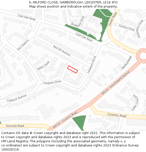 9, MILFORD CLOSE, NARBOROUGH, LEICESTER, LE19 3FG: Location map and indicative extent of plot