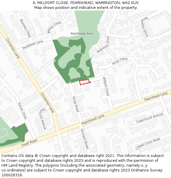 9, MILLPORT CLOSE, FEARNHEAD, WARRINGTON, WA2 0UX: Location map and indicative extent of plot