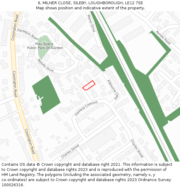9, MILNER CLOSE, SILEBY, LOUGHBOROUGH, LE12 7SE: Location map and indicative extent of plot
