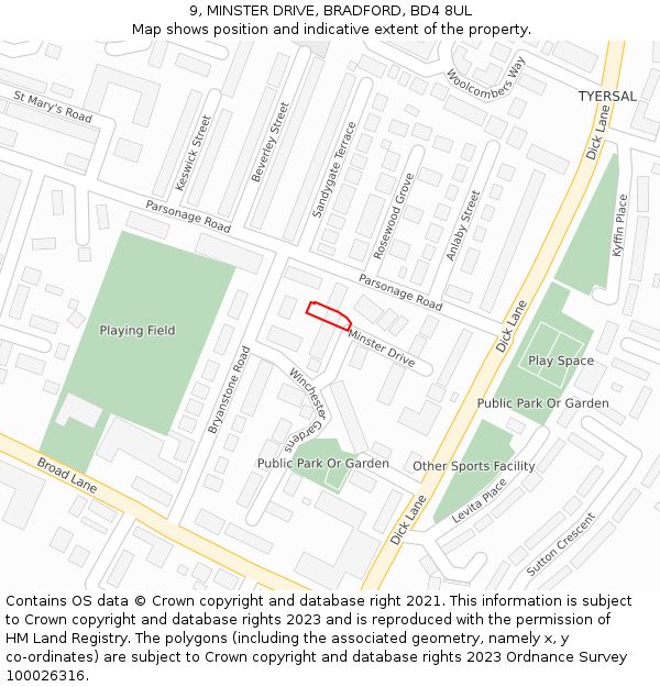 9, MINSTER DRIVE, BRADFORD, BD4 8UL: Location map and indicative extent of plot