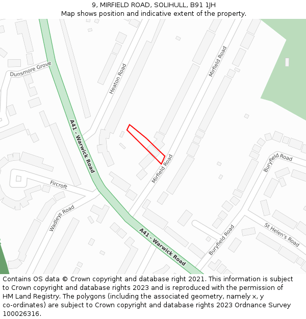 9, MIRFIELD ROAD, SOLIHULL, B91 1JH: Location map and indicative extent of plot