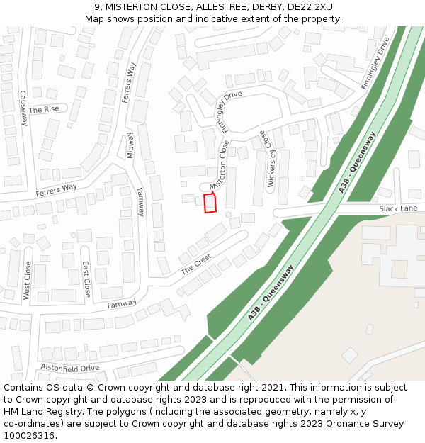 9, MISTERTON CLOSE, ALLESTREE, DERBY, DE22 2XU: Location map and indicative extent of plot