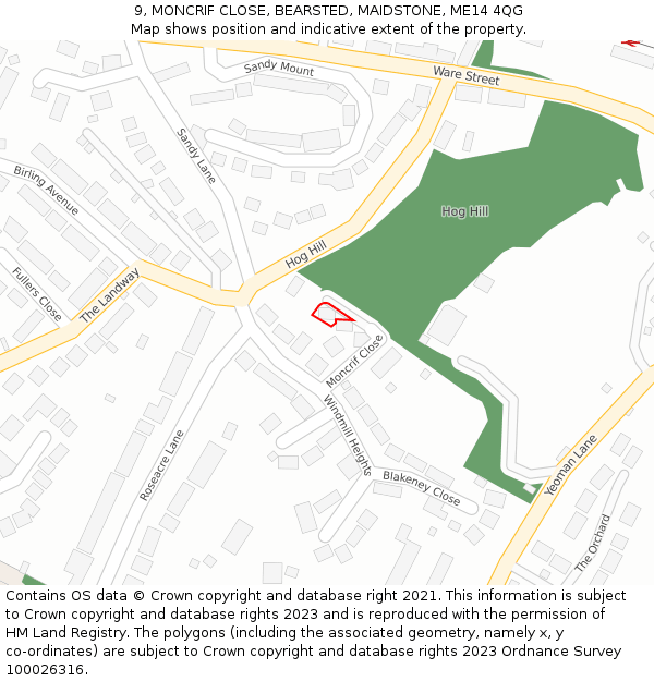 9, MONCRIF CLOSE, BEARSTED, MAIDSTONE, ME14 4QG: Location map and indicative extent of plot