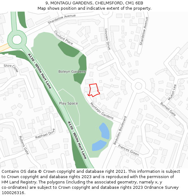 9, MONTAGU GARDENS, CHELMSFORD, CM1 6EB: Location map and indicative extent of plot