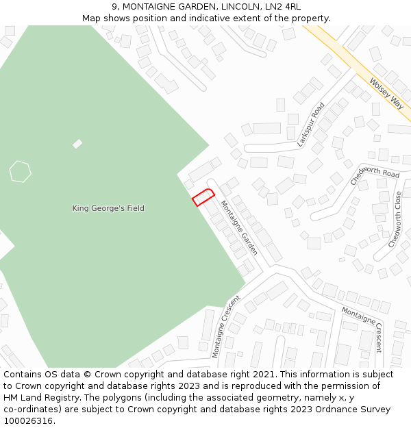 9, MONTAIGNE GARDEN, LINCOLN, LN2 4RL: Location map and indicative extent of plot