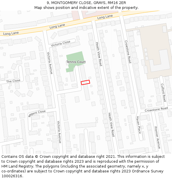 9, MONTGOMERY CLOSE, GRAYS, RM16 2ER: Location map and indicative extent of plot