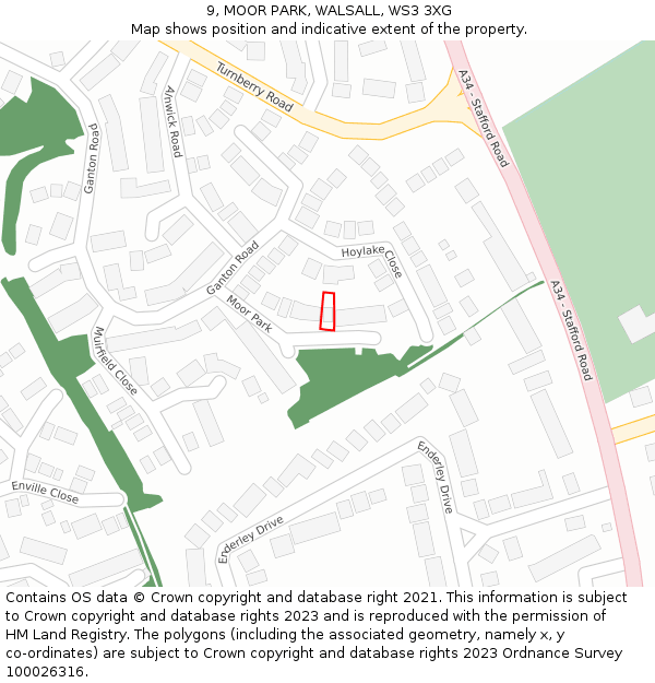 9, MOOR PARK, WALSALL, WS3 3XG: Location map and indicative extent of plot