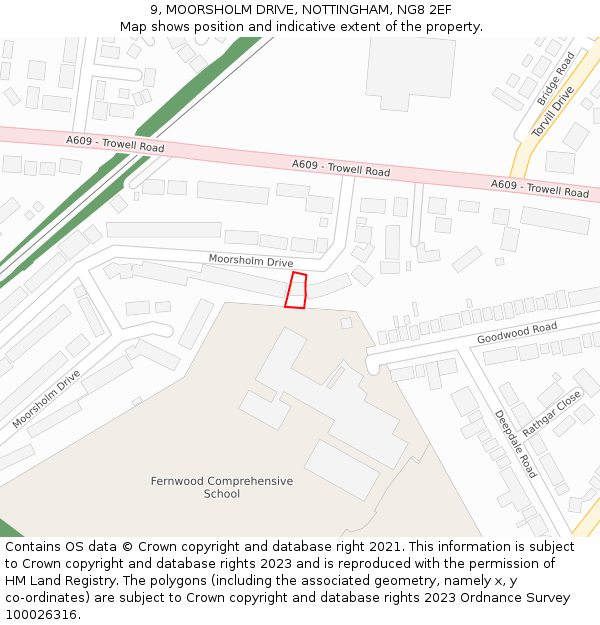 9, MOORSHOLM DRIVE, NOTTINGHAM, NG8 2EF: Location map and indicative extent of plot