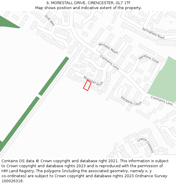 9, MORESTALL DRIVE, CIRENCESTER, GL7 1TF: Location map and indicative extent of plot