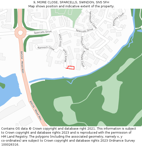 9, MORIE CLOSE, SPARCELLS, SWINDON, SN5 5FH: Location map and indicative extent of plot