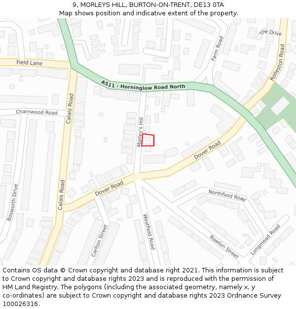 9, MORLEYS HILL, BURTON-ON-TRENT, DE13 0TA: Location map and indicative extent of plot