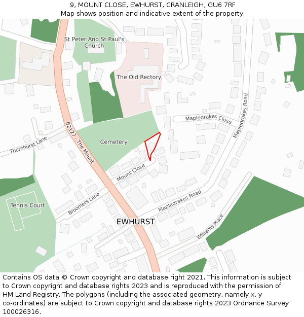 9, MOUNT CLOSE, EWHURST, CRANLEIGH, GU6 7RF: Location map and indicative extent of plot