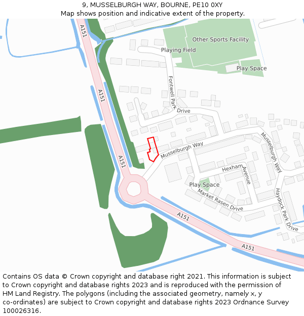 9, MUSSELBURGH WAY, BOURNE, PE10 0XY: Location map and indicative extent of plot