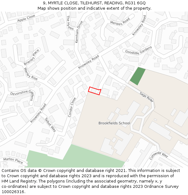 9, MYRTLE CLOSE, TILEHURST, READING, RG31 6GQ: Location map and indicative extent of plot