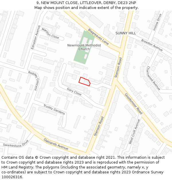 9, NEW MOUNT CLOSE, LITTLEOVER, DERBY, DE23 2NP: Location map and indicative extent of plot