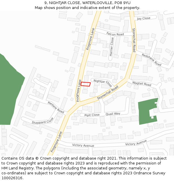 9, NIGHTJAR CLOSE, WATERLOOVILLE, PO8 9YU: Location map and indicative extent of plot