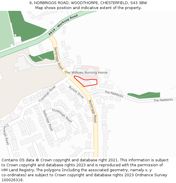 9, NORBRIGGS ROAD, WOODTHORPE, CHESTERFIELD, S43 3BW: Location map and indicative extent of plot