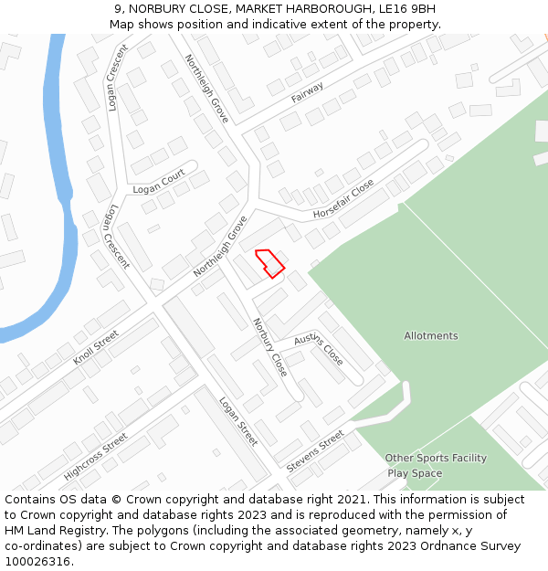 9, NORBURY CLOSE, MARKET HARBOROUGH, LE16 9BH: Location map and indicative extent of plot