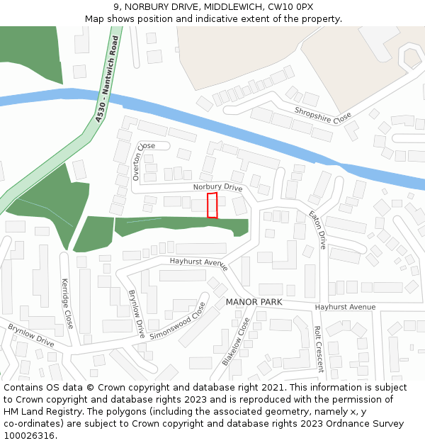 9, NORBURY DRIVE, MIDDLEWICH, CW10 0PX: Location map and indicative extent of plot