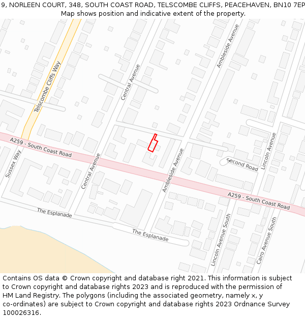 9, NORLEEN COURT, 348, SOUTH COAST ROAD, TELSCOMBE CLIFFS, PEACEHAVEN, BN10 7EP: Location map and indicative extent of plot