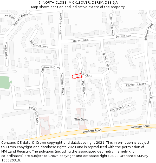 9, NORTH CLOSE, MICKLEOVER, DERBY, DE3 9JA: Location map and indicative extent of plot
