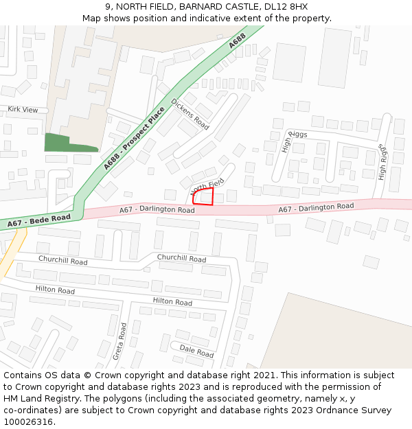 9, NORTH FIELD, BARNARD CASTLE, DL12 8HX: Location map and indicative extent of plot