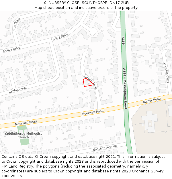 9, NURSERY CLOSE, SCUNTHORPE, DN17 2UB: Location map and indicative extent of plot