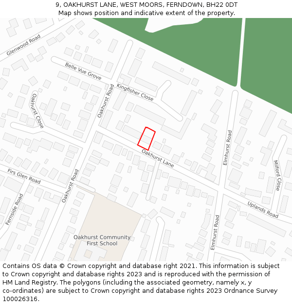 9, OAKHURST LANE, WEST MOORS, FERNDOWN, BH22 0DT: Location map and indicative extent of plot