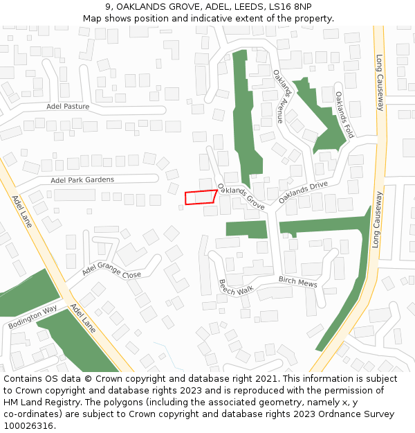 9, OAKLANDS GROVE, ADEL, LEEDS, LS16 8NP: Location map and indicative extent of plot