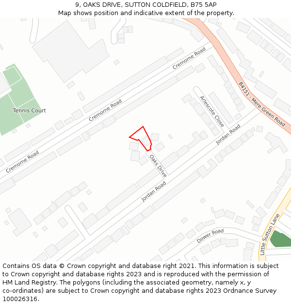 9, OAKS DRIVE, SUTTON COLDFIELD, B75 5AP: Location map and indicative extent of plot