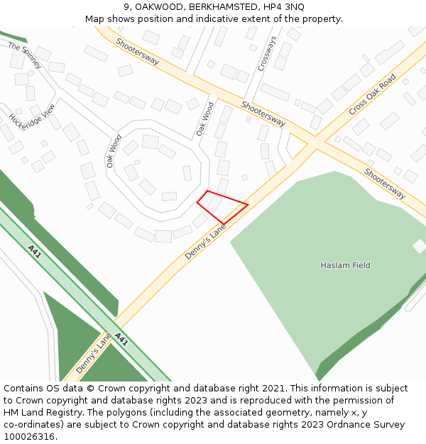 9, OAKWOOD, BERKHAMSTED, HP4 3NQ: Location map and indicative extent of plot