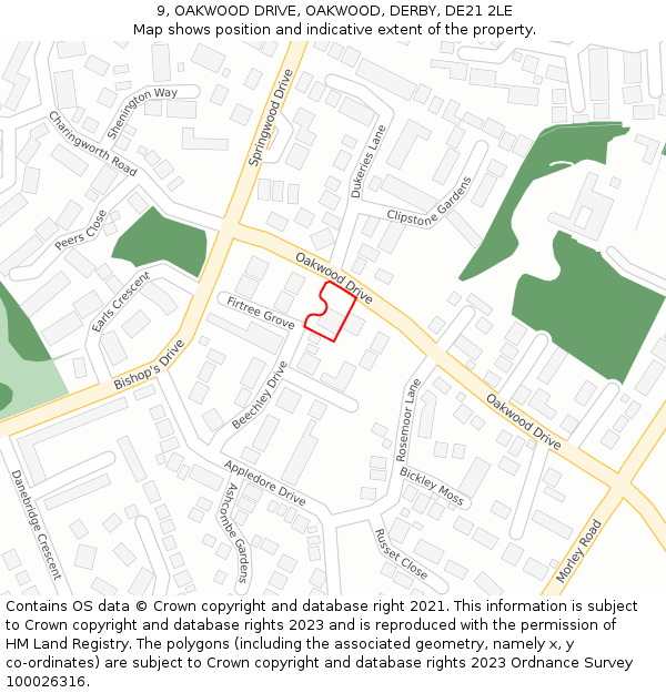9, OAKWOOD DRIVE, OAKWOOD, DERBY, DE21 2LE: Location map and indicative extent of plot