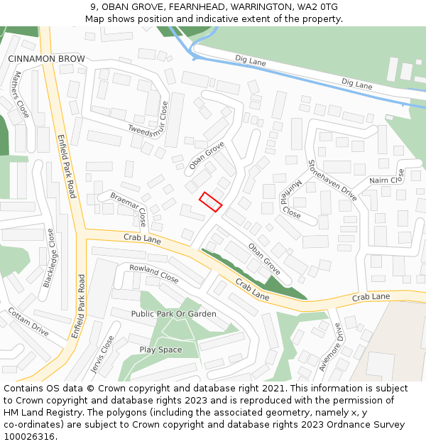 9, OBAN GROVE, FEARNHEAD, WARRINGTON, WA2 0TG: Location map and indicative extent of plot