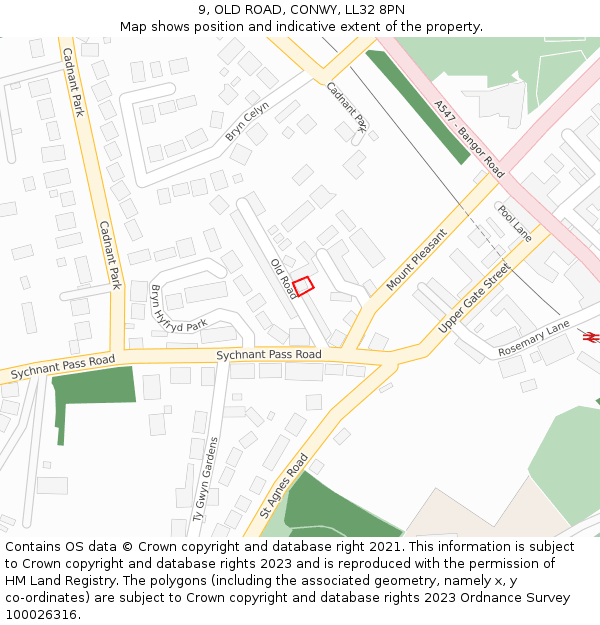 9, OLD ROAD, CONWY, LL32 8PN: Location map and indicative extent of plot
