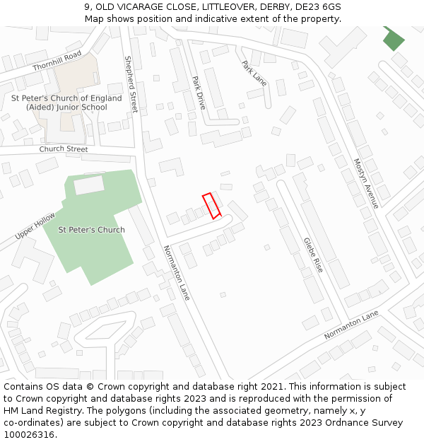 9, OLD VICARAGE CLOSE, LITTLEOVER, DERBY, DE23 6GS: Location map and indicative extent of plot