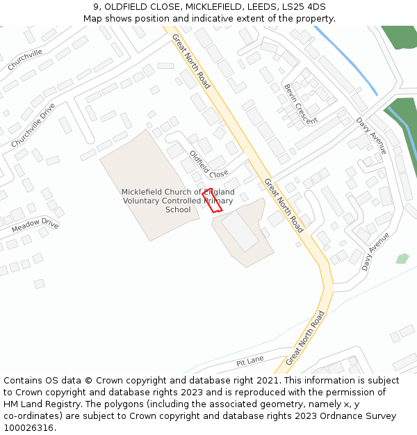 9, OLDFIELD CLOSE, MICKLEFIELD, LEEDS, LS25 4DS: Location map and indicative extent of plot