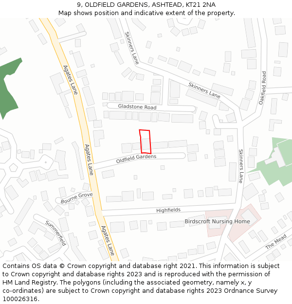 9, OLDFIELD GARDENS, ASHTEAD, KT21 2NA: Location map and indicative extent of plot