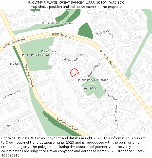 9, OLYMPIA PLACE, GREAT SANKEY, WARRINGTON, WA5 8DQ: Location map and indicative extent of plot
