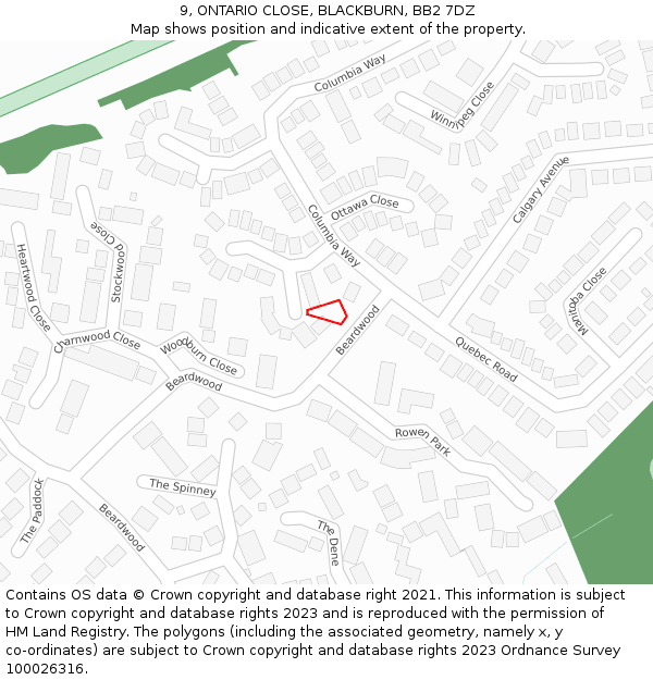 9, ONTARIO CLOSE, BLACKBURN, BB2 7DZ: Location map and indicative extent of plot