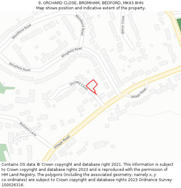 9, ORCHARD CLOSE, BROMHAM, BEDFORD, MK43 8HN: Location map and indicative extent of plot